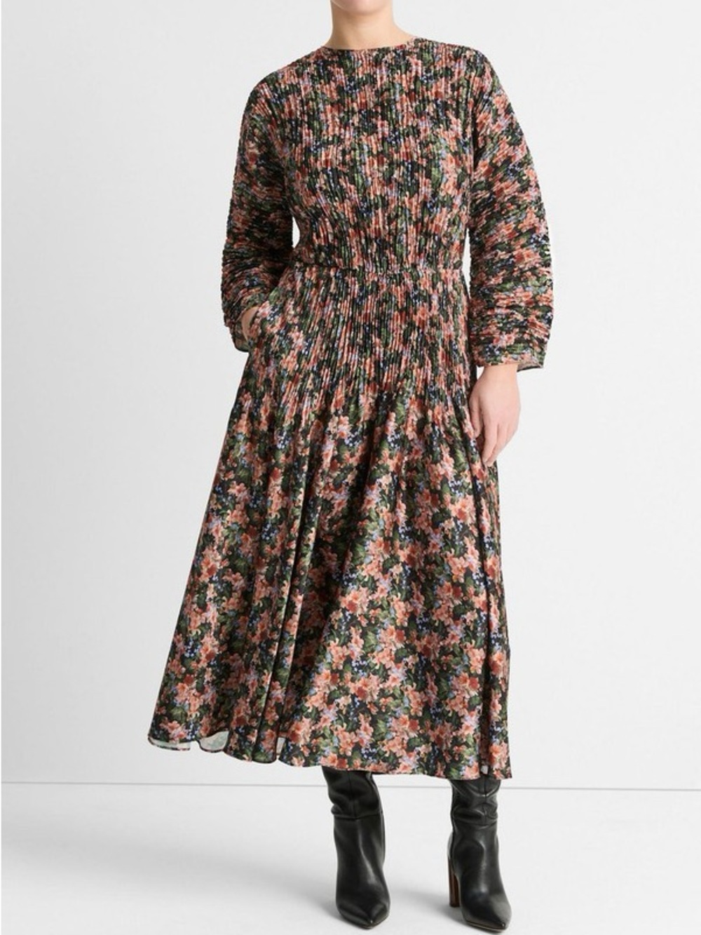 VINCE Wild Primrose 2x Pleated Long Sleeve Floral Maxi Dress $545